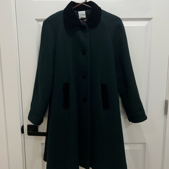 Vintage Jo Lene Dark Green Wool Blend Overcoat Size 14 Velvet Collar Bow Accent - Picture 2 of 9
